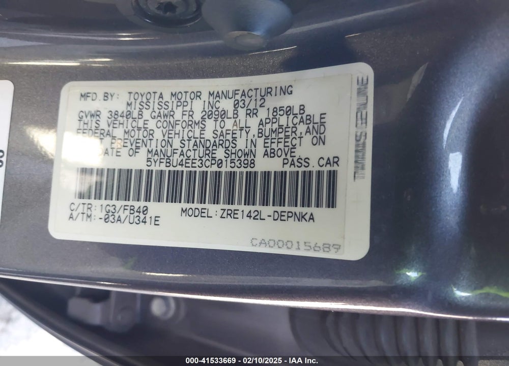 2012 TOYOTA COROLLA LE VIN: 5YFBU4EE3CP015398