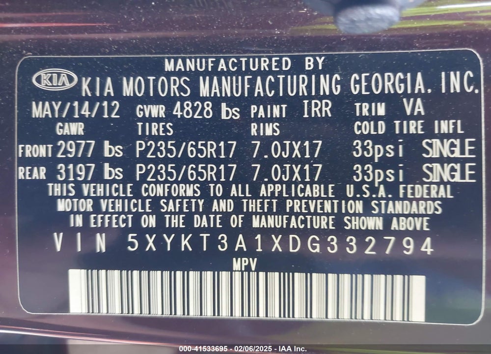 2013 KIA SORENTO LX VIN: 5XYKT3A1XDG332794