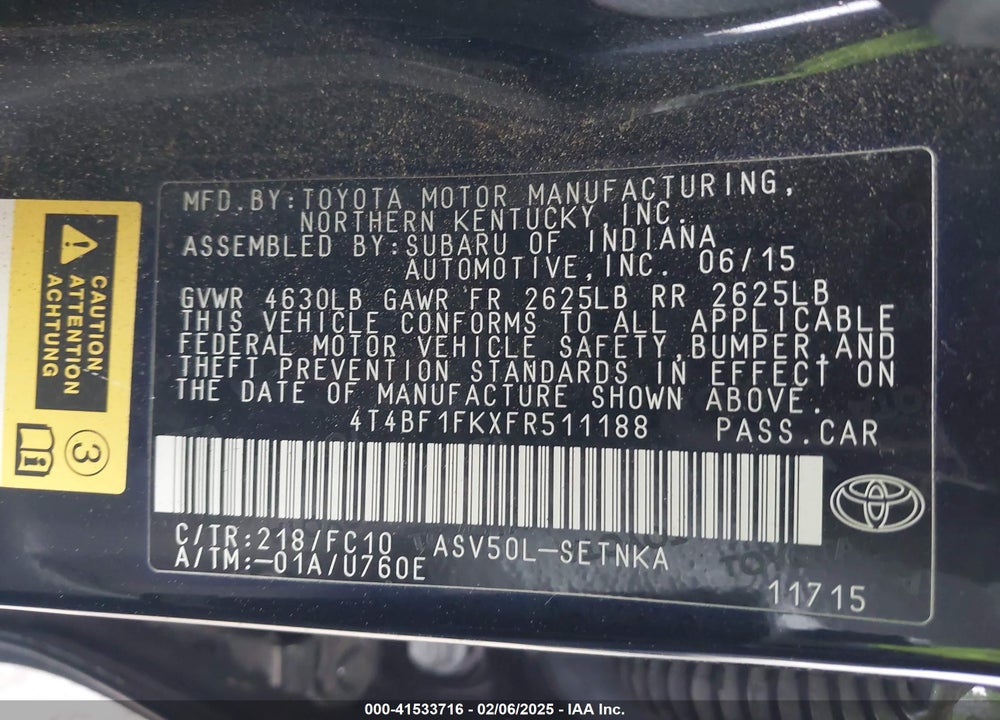 2015 TOYOTA CAMRY LE VIN: 4T4BF1FKXFR511188