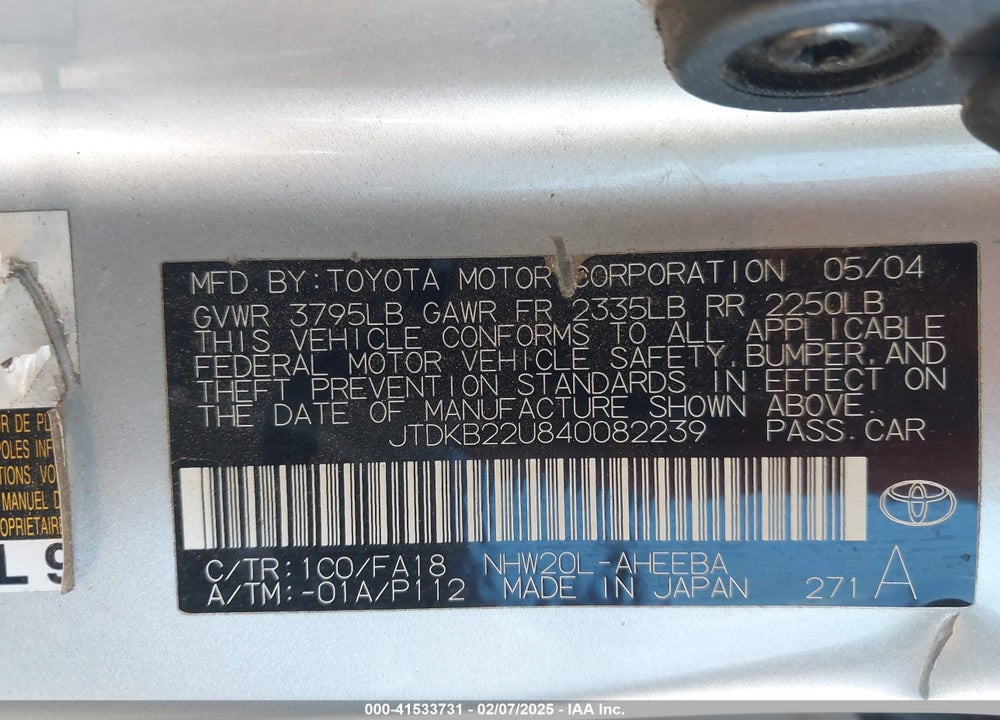 2004 TOYOTA PRIUS VIN: JTDKB22U840082239
