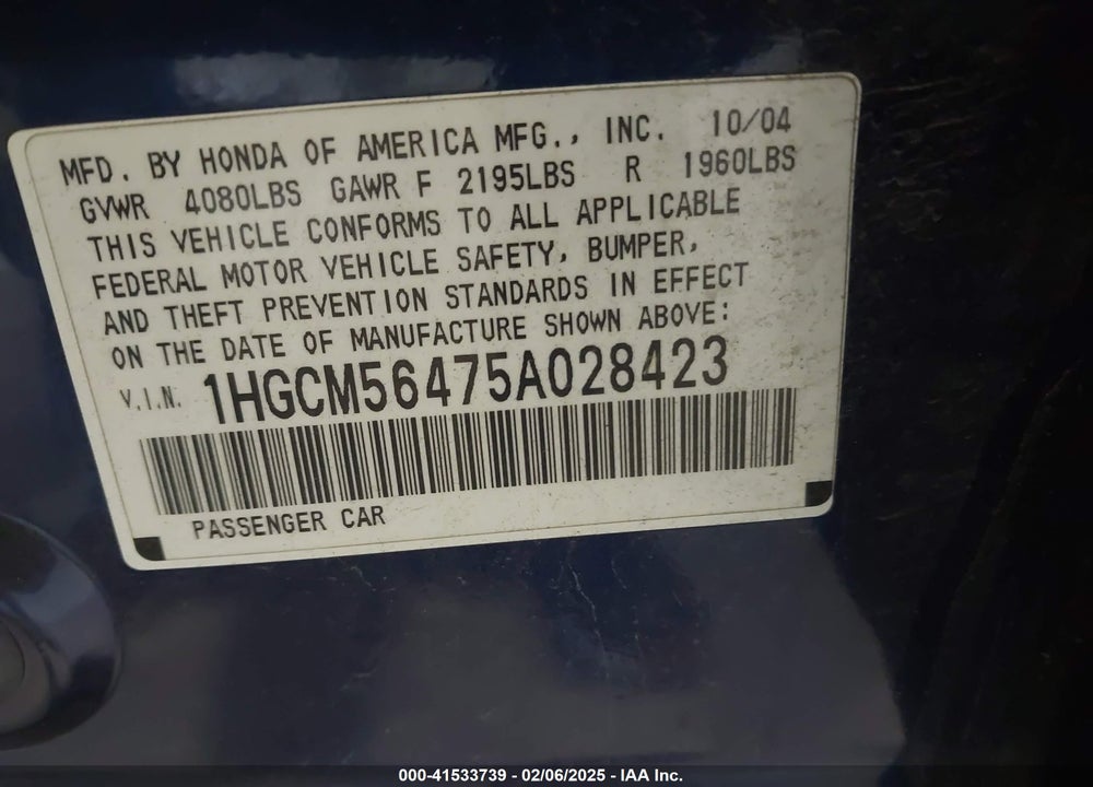 2005 HONDA ACCORD 2.4 LX VIN: 1HGCM56475A028423