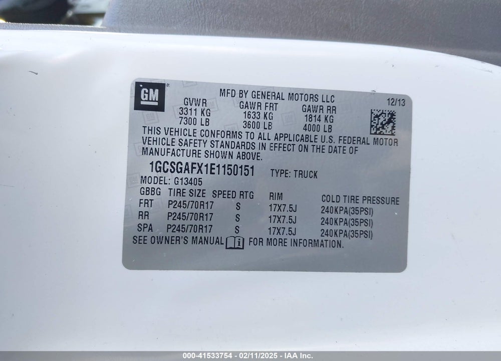 2014 CHEVROLET EXPRESS 1500 WORK VAN VIN: 1GCSGAFX1E1150151