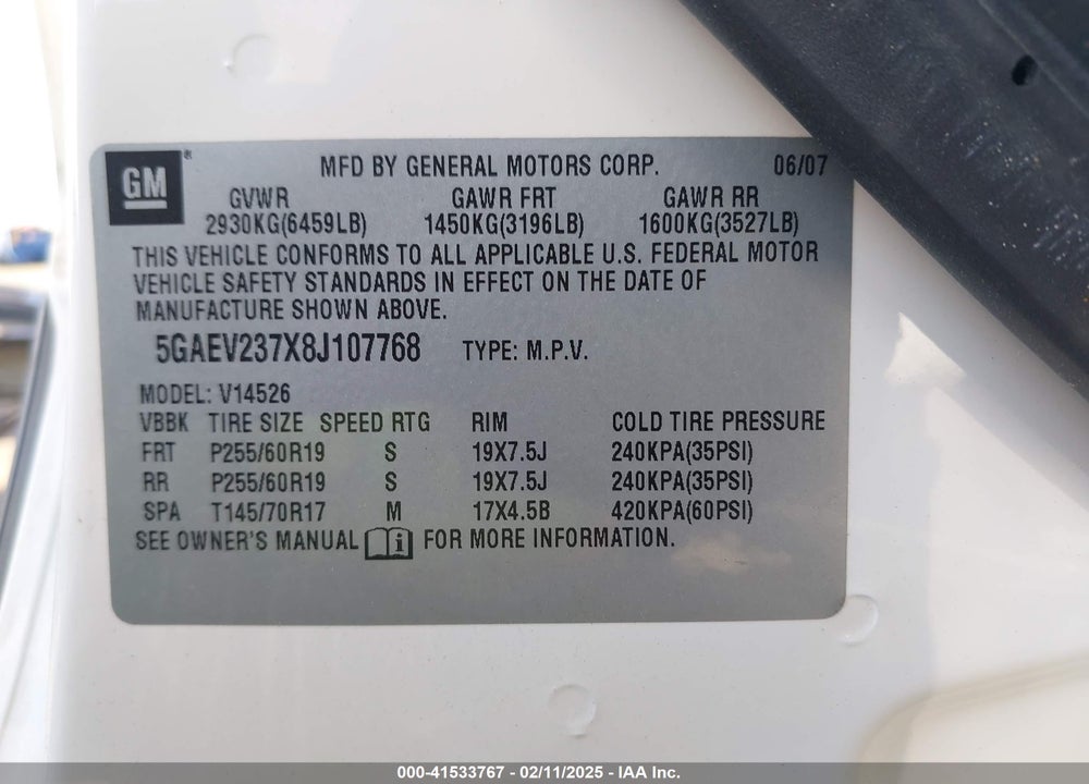 2008 BUICK ENCLAVE CXL VIN: 5GAEV237X8J107768