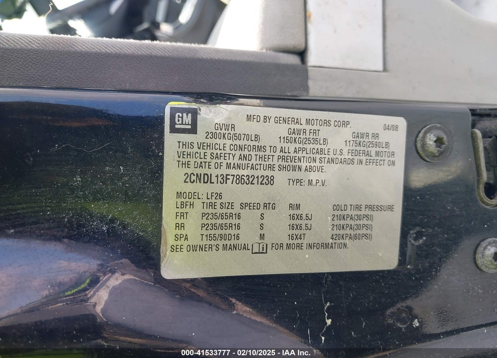 2008 CHEVROLET EQUINOX LS VIN: 2CNDL13F786321238