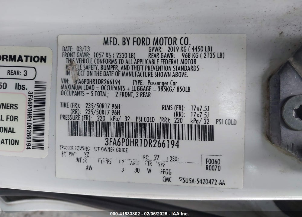 2013 FORD FUSION VIN: 3FA6P0HR1DR266194