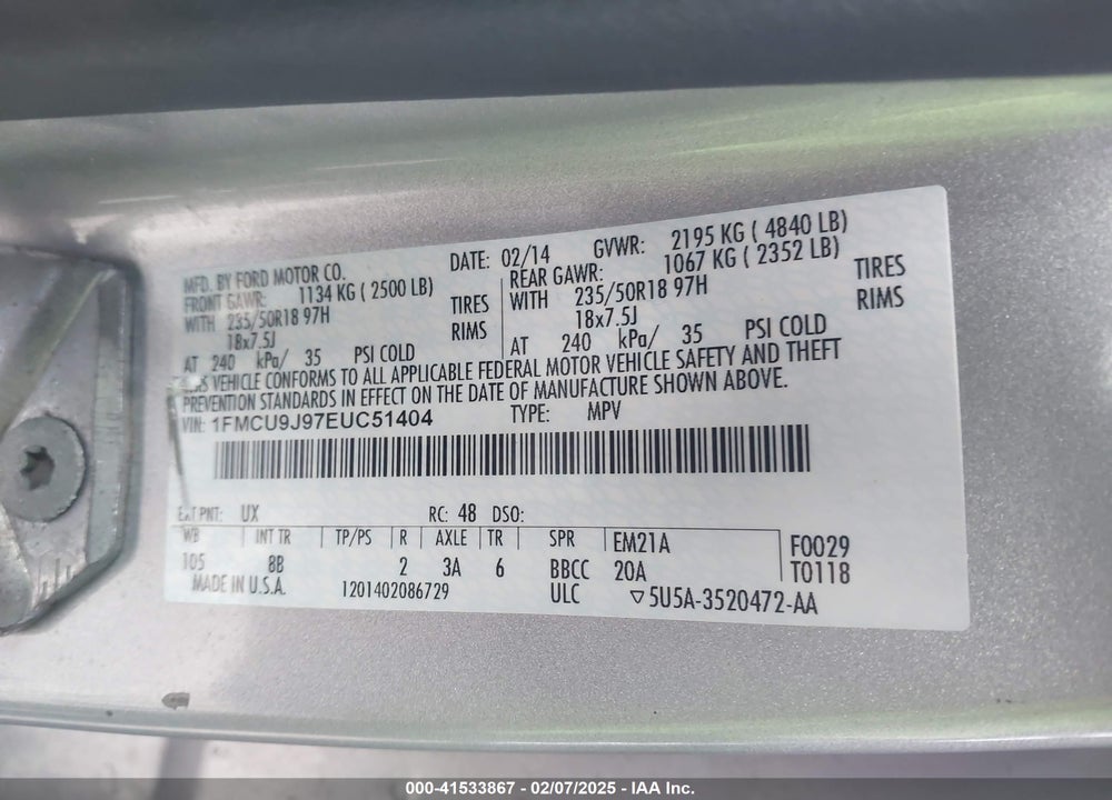 2014 FORD ESCAPE TITANIUM VIN: 1FMCU9J97EUC51404