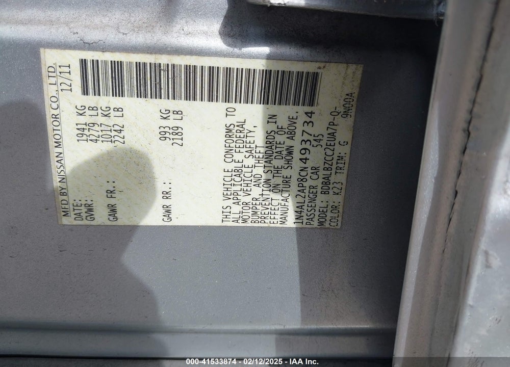 2012 NISSAN ALTIMA VIN: 1N4AL2AP8CN493734