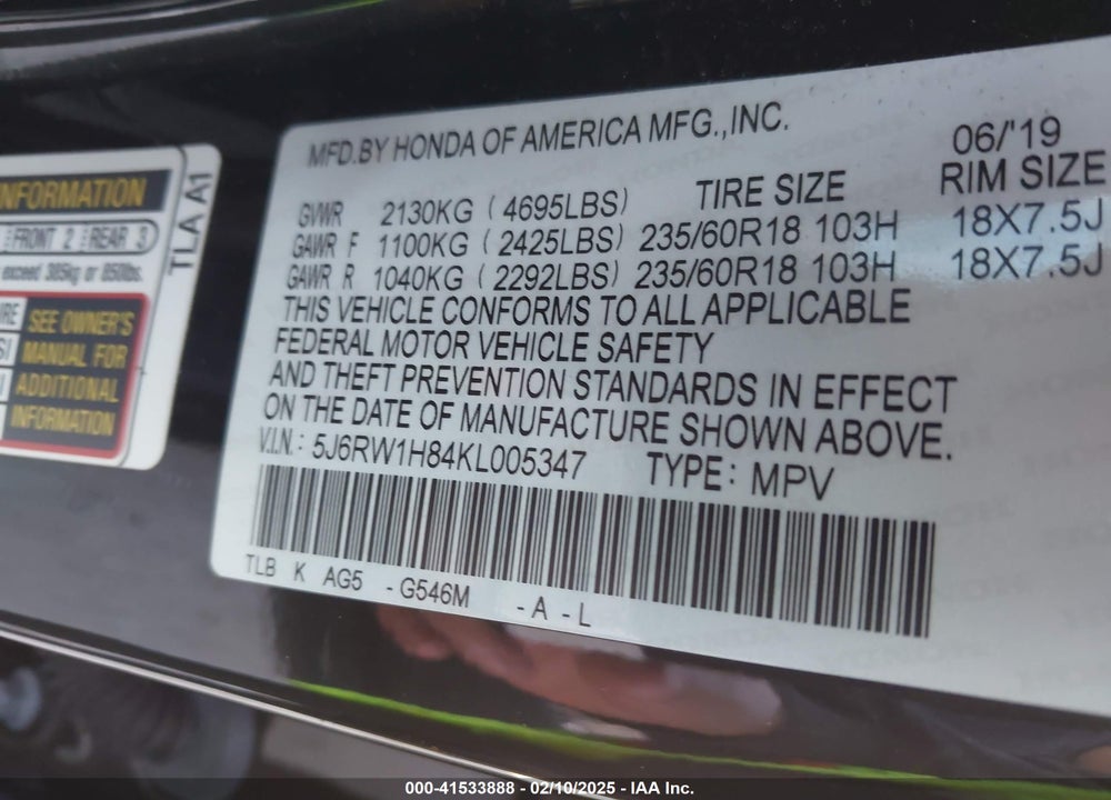 2019 HONDA CR-V EX-L VIN: 5J6RW1H84KL005347