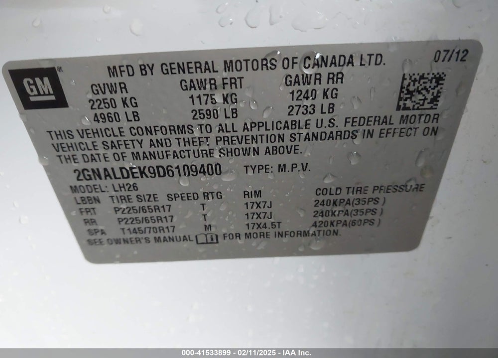 2013 CHEVROLET EQUINOX VIN: 2GNALDEK9D6109400