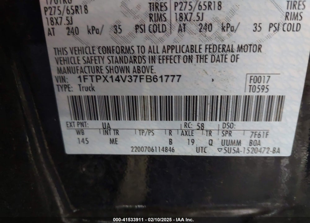 2007 FORD F-150 VIN: 1FTPX14V37FB61777