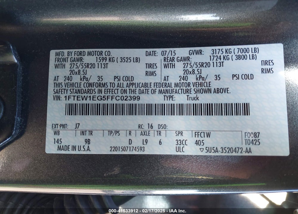 2015 FORD F-150 VIN: 1FTEW1EG5FFC02399