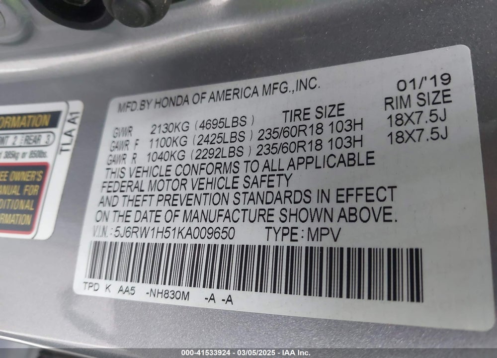 2019 HONDA CR-V EX VIN: 5J6RW1H51KA009650