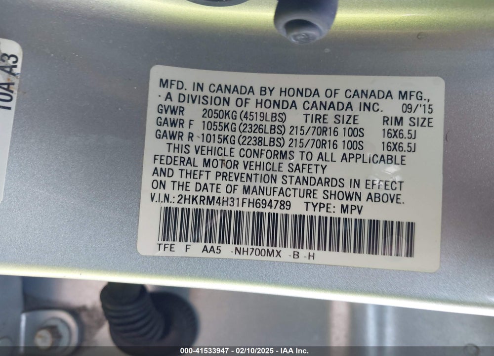 2015 HONDA CR-V VIN: 2HKRM4H31FH694789