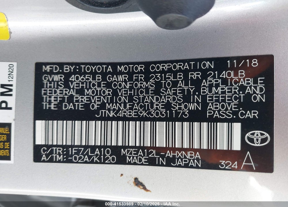 2019 TOYOTA COROLLA VIN: JTNK4RBE9K3031173