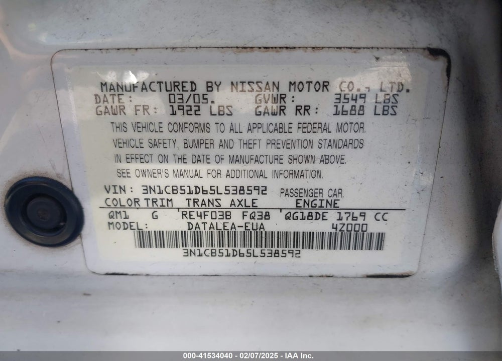 2005 NISSAN SENTRA 1.8S VIN: 3N1CB51D65L538592