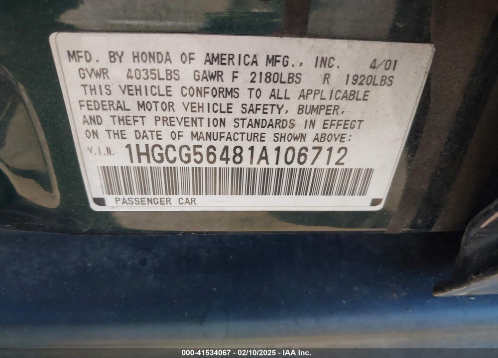 2001 HONDA ACCORD 2.3 LX VIN: 1HGCG56481A106712