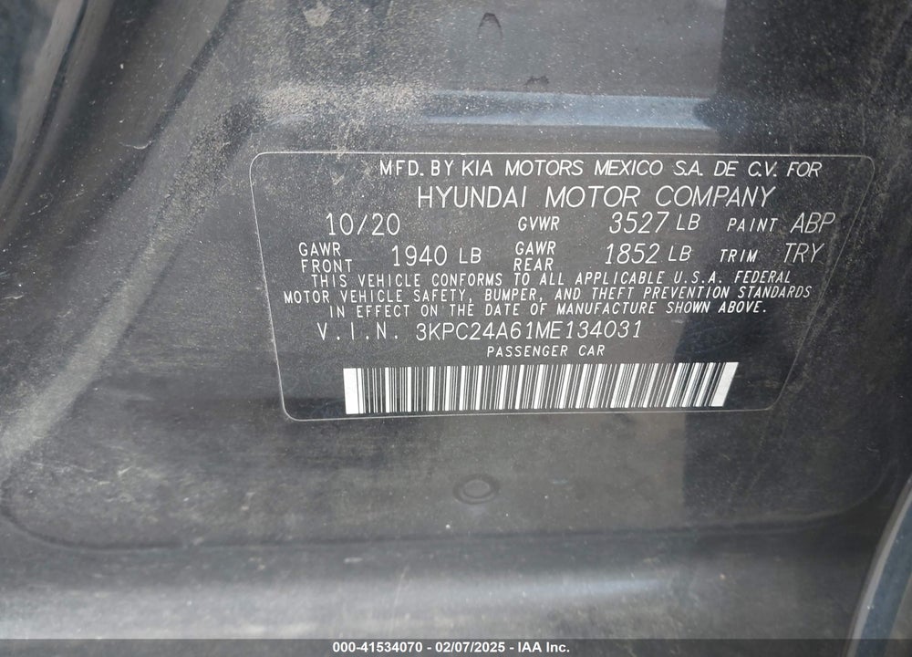 2021 HYUNDAI ACCENT VIN: 3KPC24A61ME134031