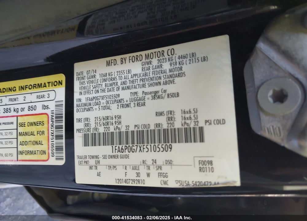 2015 FORD FUSION VIN: 1FA6P0G7XF5105509
