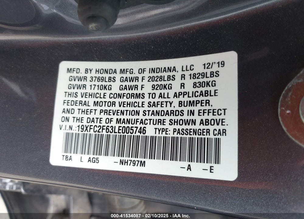 2020 HONDA CIVIC VIN: 19XFC2F63LE005746