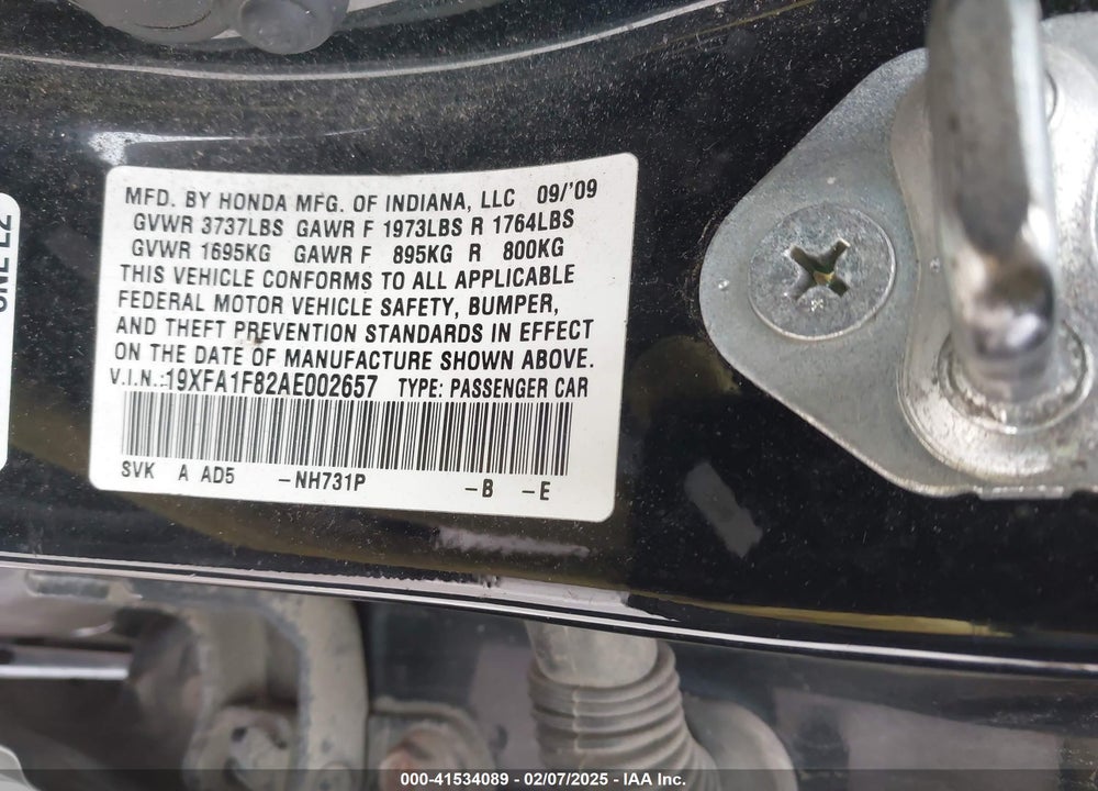 2010 HONDA CIVIC EX VIN: 19XFA1F82AE002657