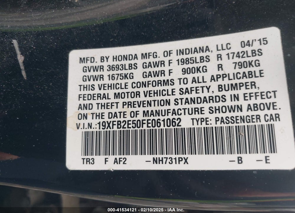 2015 HONDA CIVIC VIN: 19XFB2E50FE061062