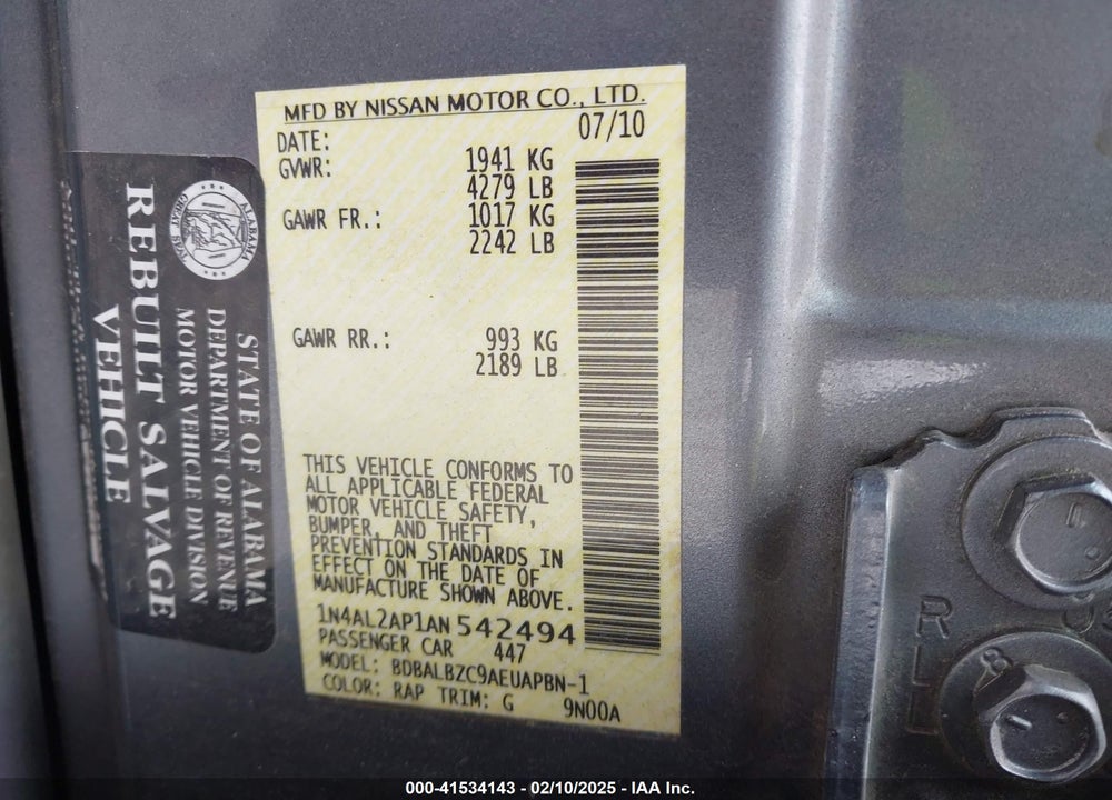 2010 NISSAN ALTIMA VIN: 1N4AL2AP1AN542494