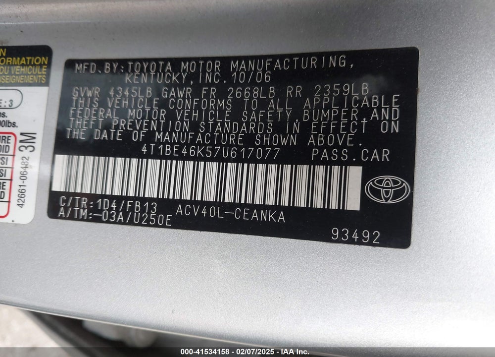 2007 TOYOTA CAMRY VIN: 4T1BE46K57U617077