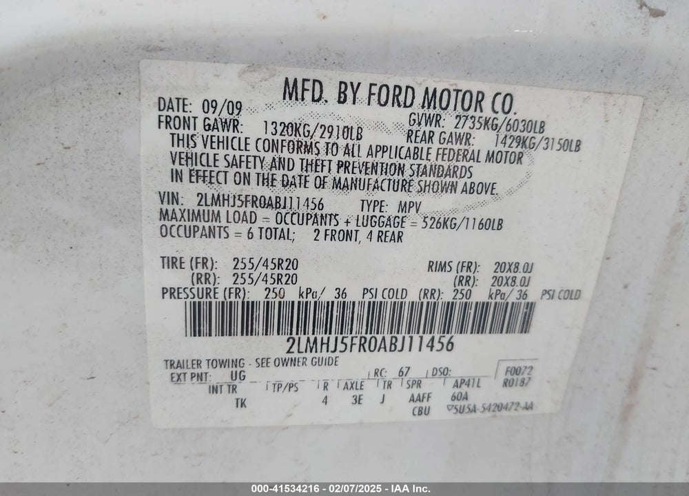 2010 LINCOLN MKT VIN: 2LMHJ5FR0ABJ11456