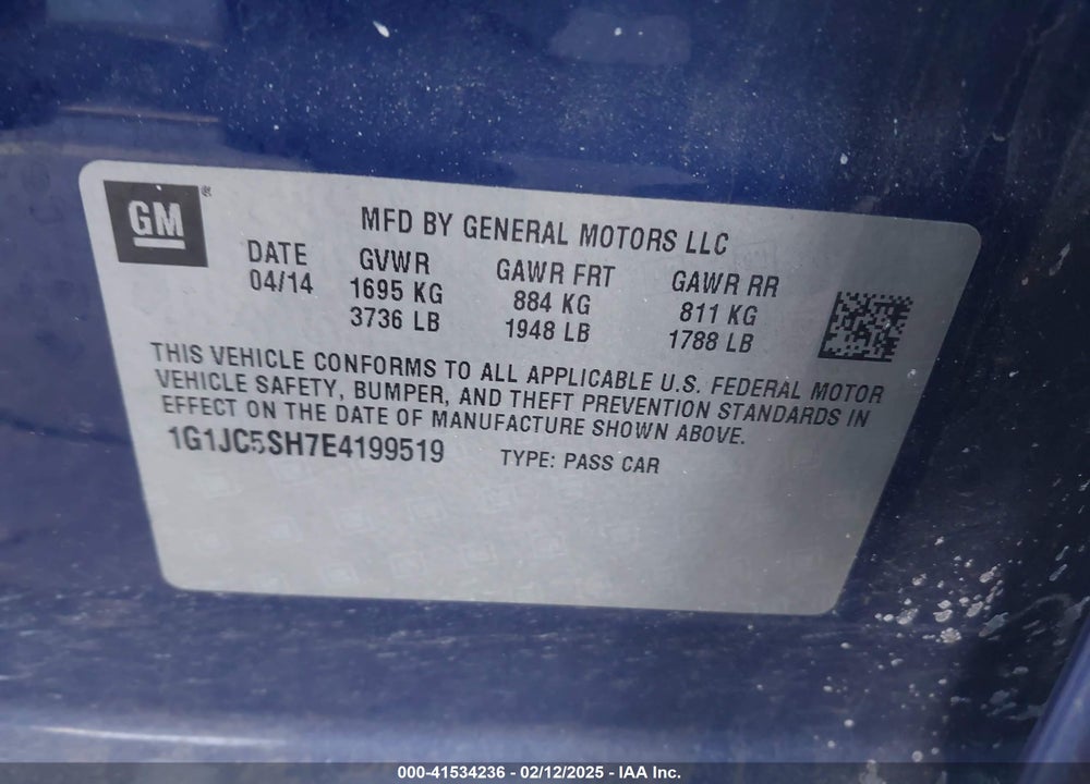 2014 CHEVROLET SONIC LT AUTO VIN: 1G1JC5SH7E4199519