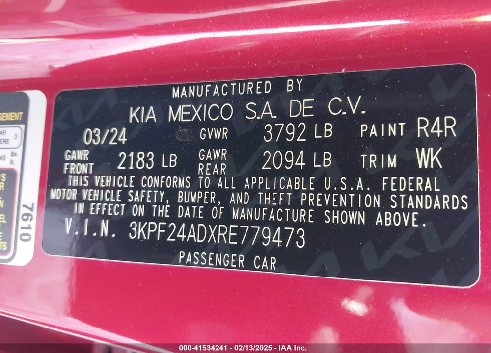 2024 KIA FORTE LXS VIN: 3KPF24ADXRE779473