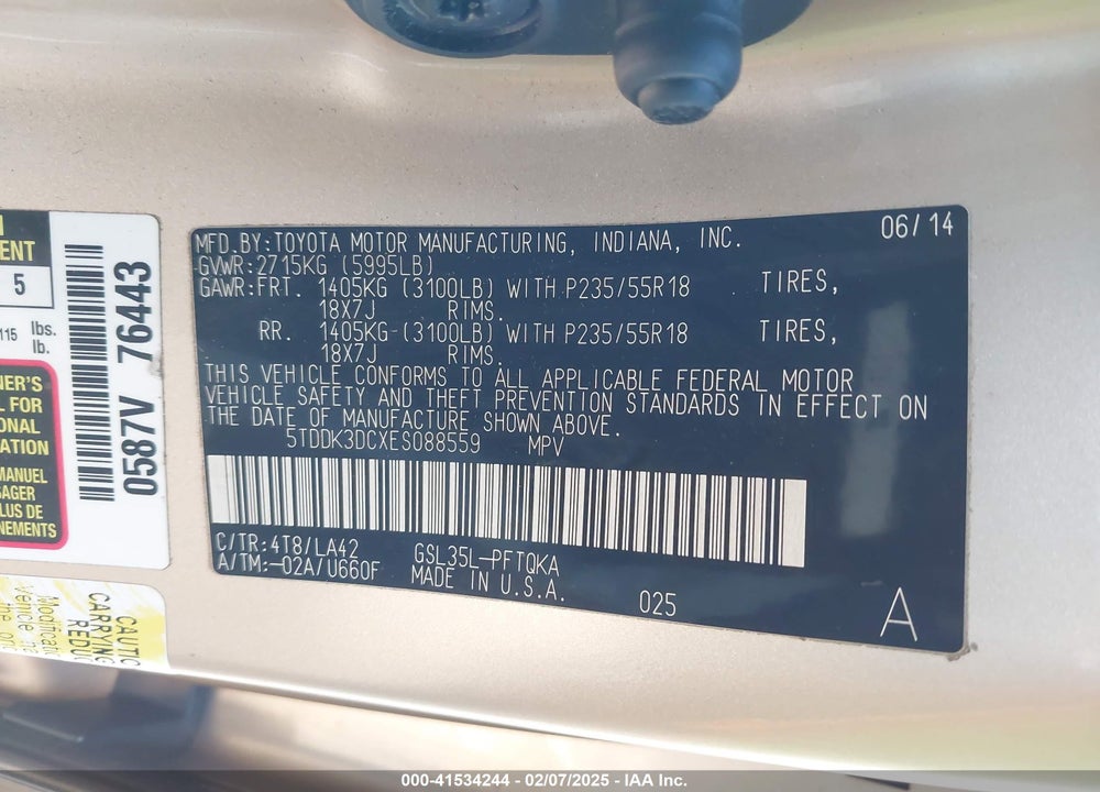 2014 TOYOTA SIENNA VIN: 5TDDK3DCXES088559