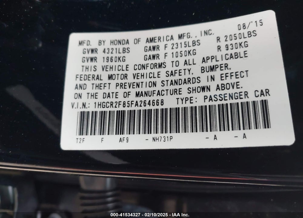 2015 HONDA ACCORD EX-L VIN: 1HGCR2F85FA264668