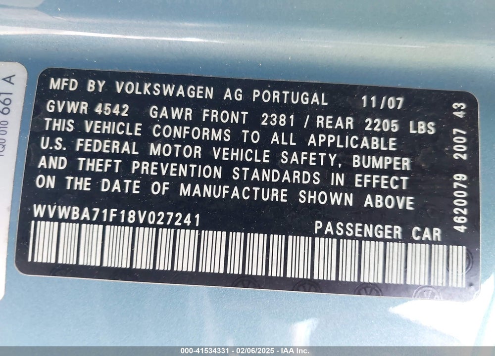 2008 VOLKSWAGEN EOS KOMFORT/TURBO VIN: WVWBA71F18V027241