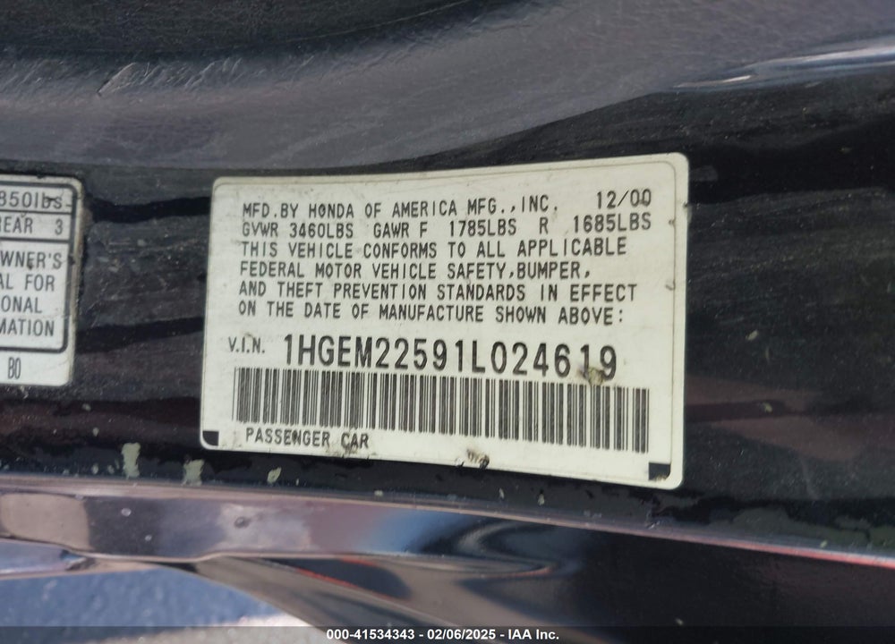 2001 HONDA CIVIC LX VIN: 1HGEM22591L024619