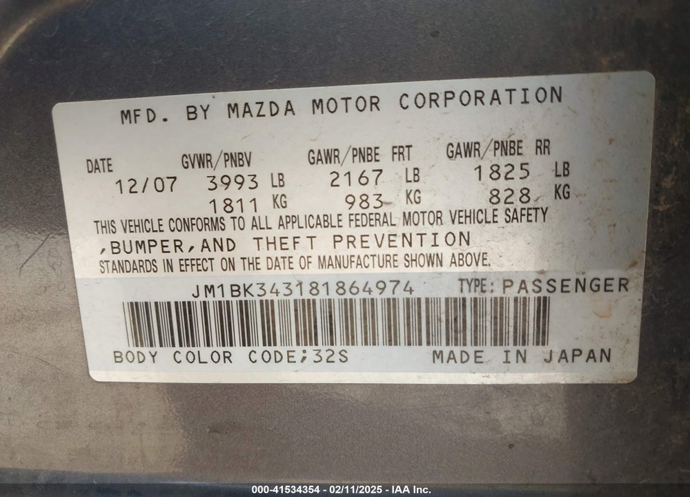 2008 MAZDA 3 S SPORT VIN: JM1BK343181864974