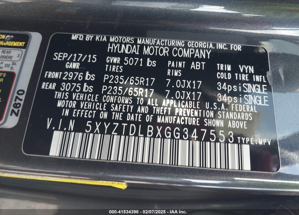 2016 HYUNDAI SANTA FE SPORT 2.4L VIN: 5XYZTDLBXGG347553