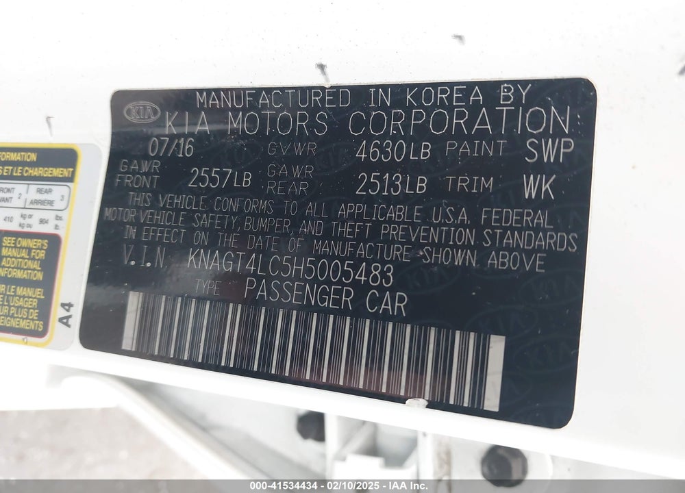 2017 KIA OPTIMA LX VIN: KNAGT4LT5H5005483