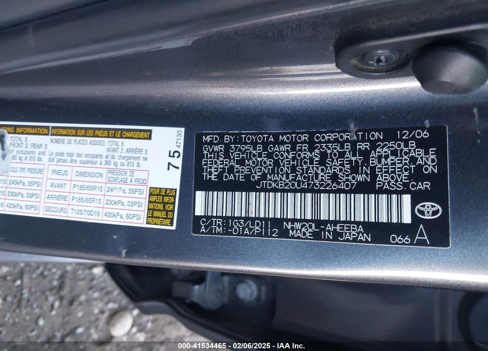 2007 TOYOTA PRIUS VIN: JTDKB20U473226407