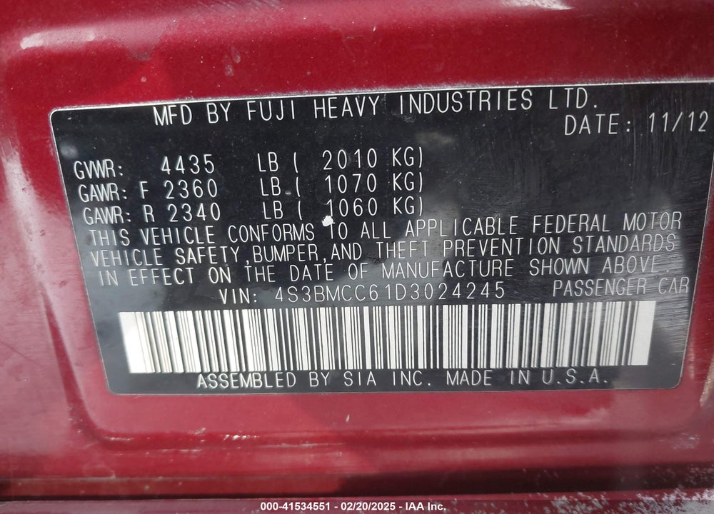 2013 SUBARU LEGACY VIN: 4S3BMCC61D3024245