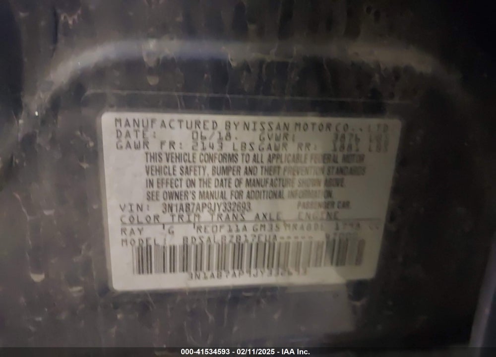 2018 NISSAN SENTRA VIN: 3N1AB7AP9JY332693
