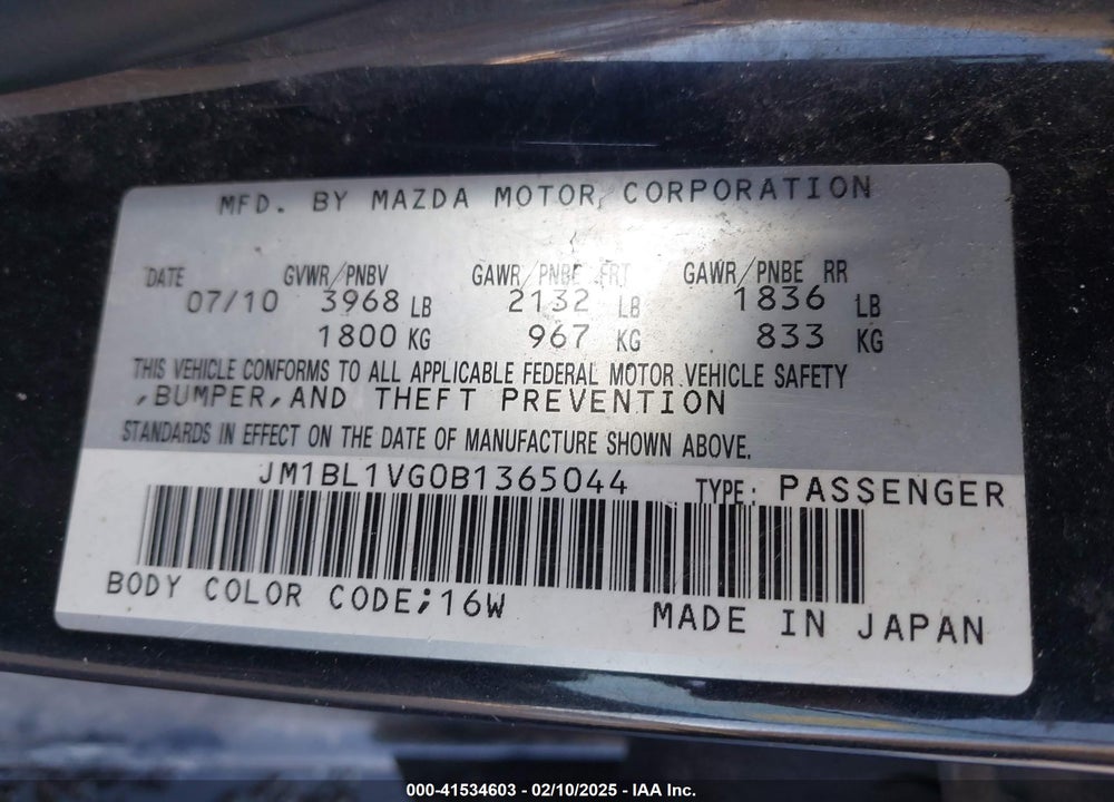 2011 MAZDA 3 VIN: JM1BL1VG0B1365044