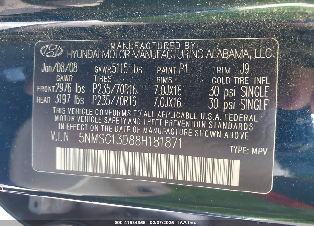 2008 HYUNDAI SANTA FE GLS VIN: 5NMSG13D88H181871