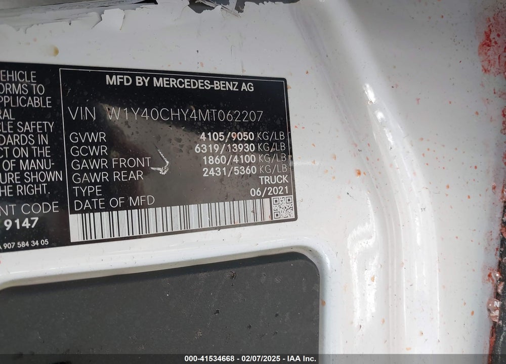 2021 MERCEDES-BENZ SPRINTER 2500 HIGH ROOF I4 VIN: W1Y40CHY4MT062207
