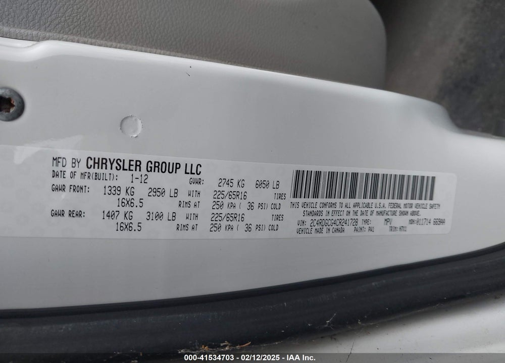 2012 DODGE GRAND CARAVAN SXT VIN: 2C4RDGCG4CR241728