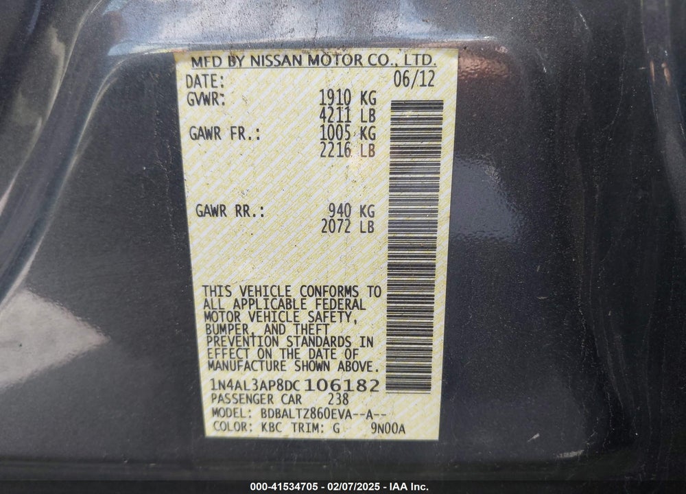 2013 NISSAN ALTIMA VIN: 1N4AL3AP8DC106182