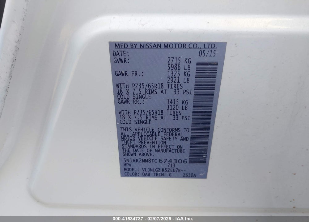 2015 NISSAN PATHFINDER SL VIN: 5N1AR2MM8FC674306