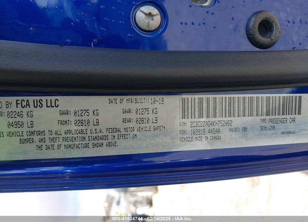 2019 DODGE CHALLENGER VIN: 2C3CDZAG4KH752062