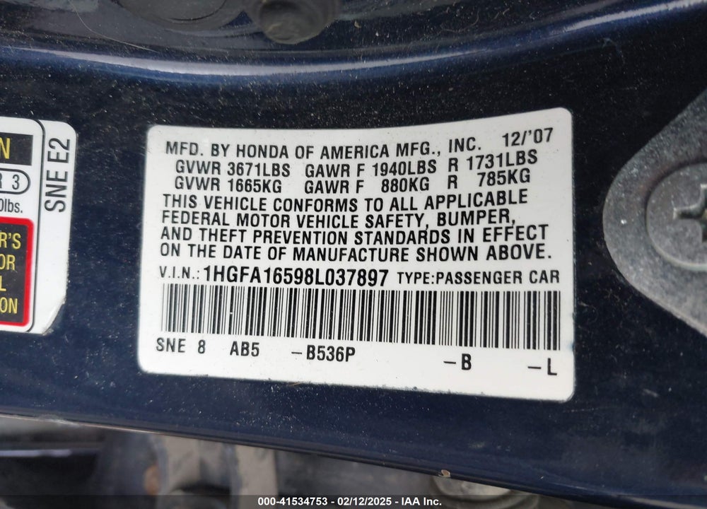 2008 HONDA CIVIC VIN: 1HGFA16598L037897