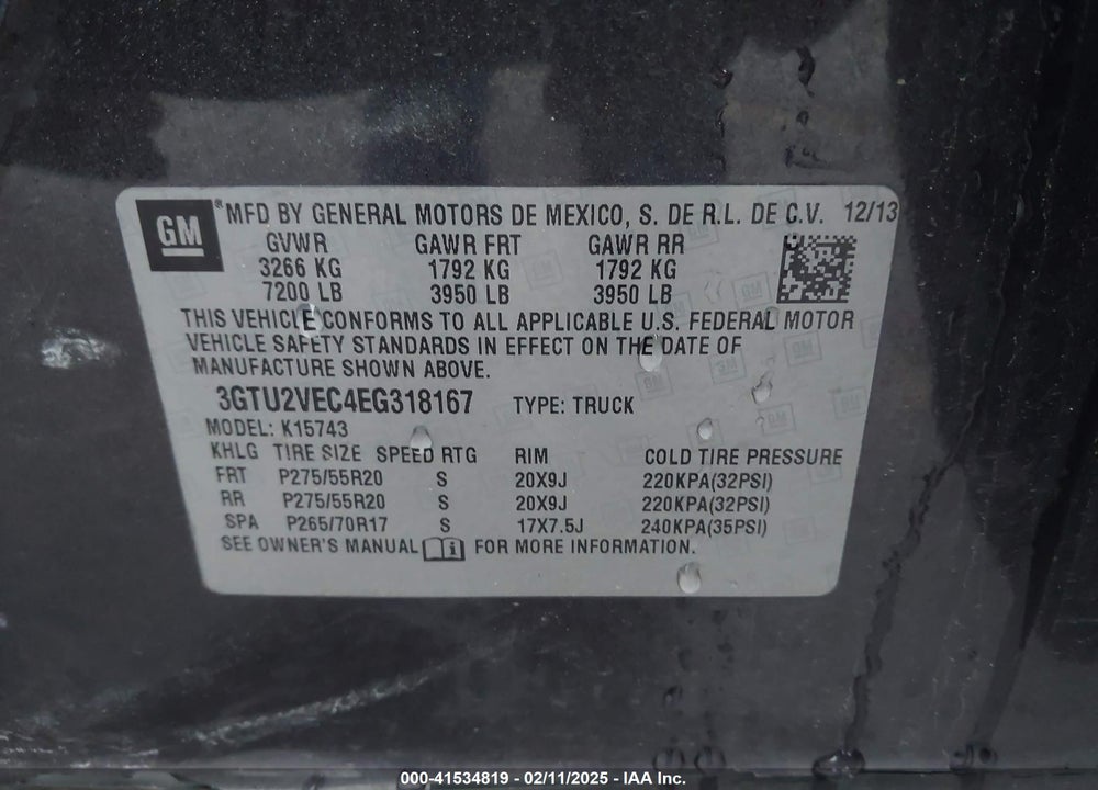 2014 GMC SIERRA 1500 SLT VIN: 3GTU2VEC4EG318167