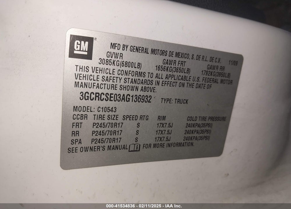 2010 CHEVROLET SILVERADO 1500 LT VIN: 3GCRCSE03AG136932